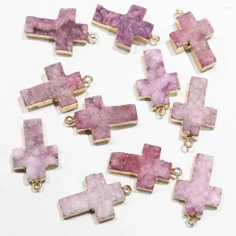 Kolye Kolyeleri Doğal Taş Pembe Agates Druzy Çapraz Kolye Kolyeler Unisex Charms Diy Moda Yapılar Yapı Hediye Aksesuarları