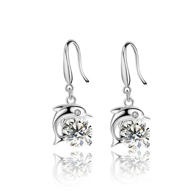 Dangle Earrings Trendy 925 Silver Jewelry Korean Style Dolphin Shape Zircon Gemstone Drop Earring For Women Wedding Promise Party Gift & Cha