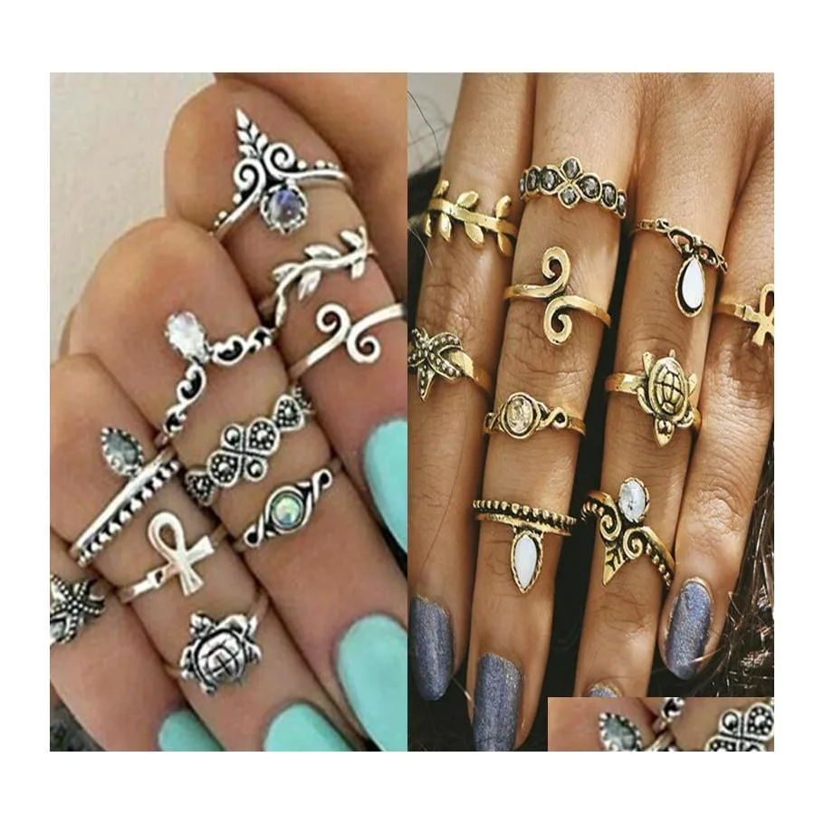 Band Rings 10Pcs/Set Gold Color Flower Midi Sets For Women Sier Boho Beach Vintage Turkish Punk Elephant Finger Knuckle Ring Drop De Otiel