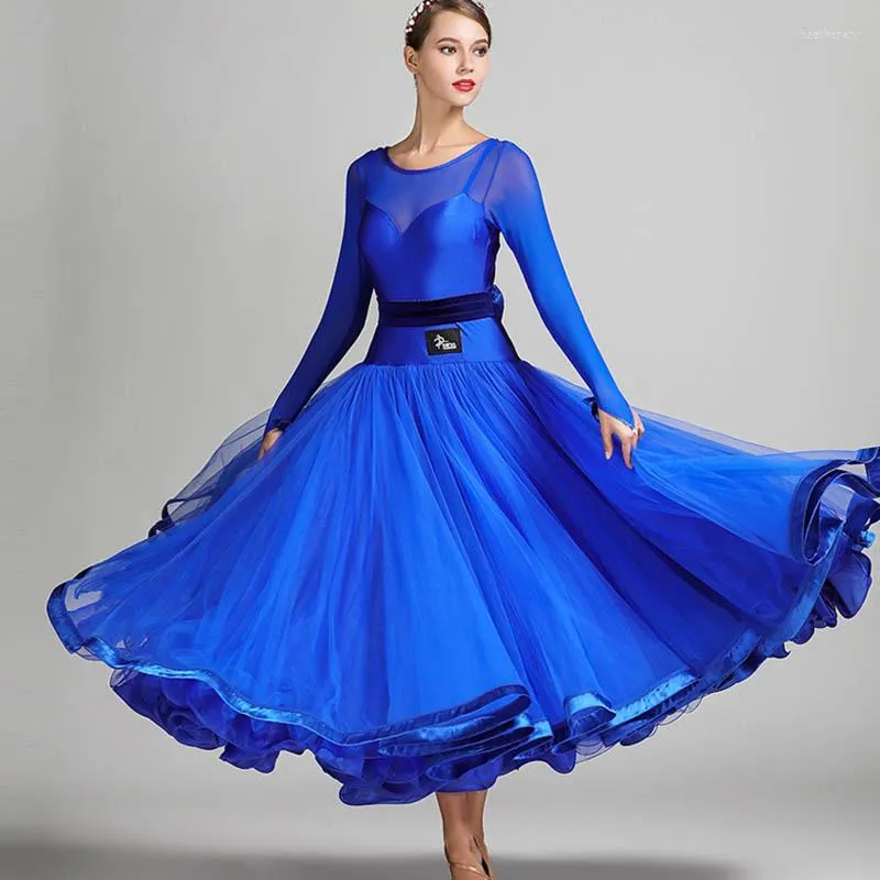 Stage Wear Modern Dance Costumes Royal Blue Women's Competition Long Sleeve Ballroom Dress Waltz Tango Dancing Dresses