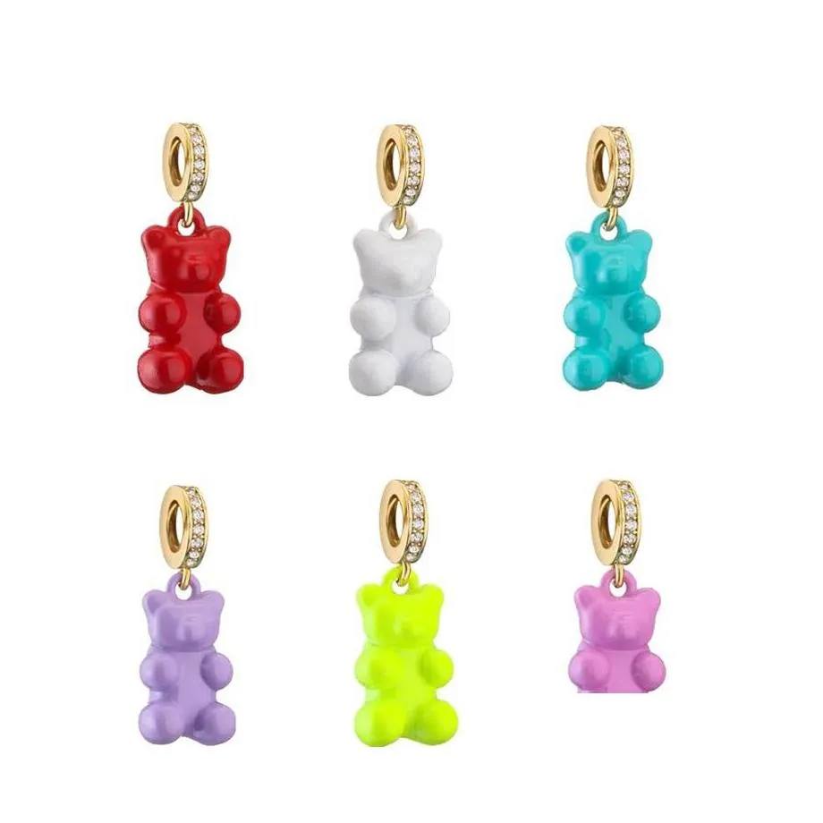 Charms Cute Resin Zircon Teddy Bear Charm Cuore di cristallo Collana girocollo in metallo dorato per donne Ragazze Party Risultati gioielli fai da te Drop D Otzhd