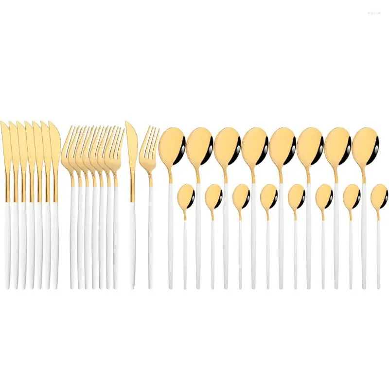 Zestawy zastaw obiadowych Zestaw Western Cutlery Białe złoto 32PCS Stwardność stołowa ze stali nierdzewnej łyżka widelca Nóż Kompletny dom home flatware