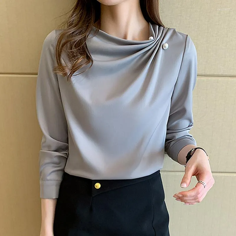 Kvinnors blusar koreanska mode veckade chiffongblus 2023 professionella kontor lady tops eleganta kvinnor långärmad skjorta