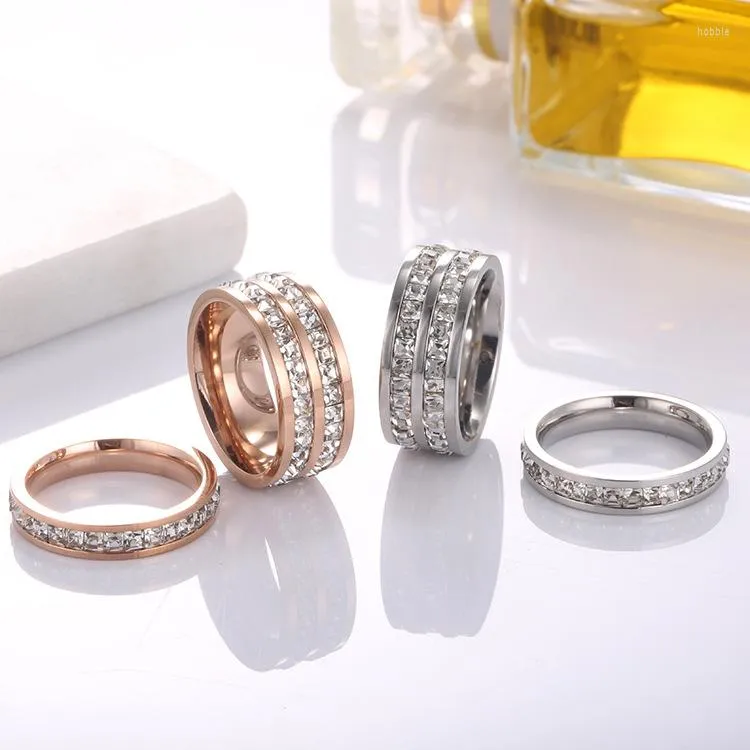 Pierścionki ślubne Zoomango Titanium Steel Double Row CZ Crystal para klasyczna różowe złoto pierścionek zaręczynowy dla kobiet ZR17050