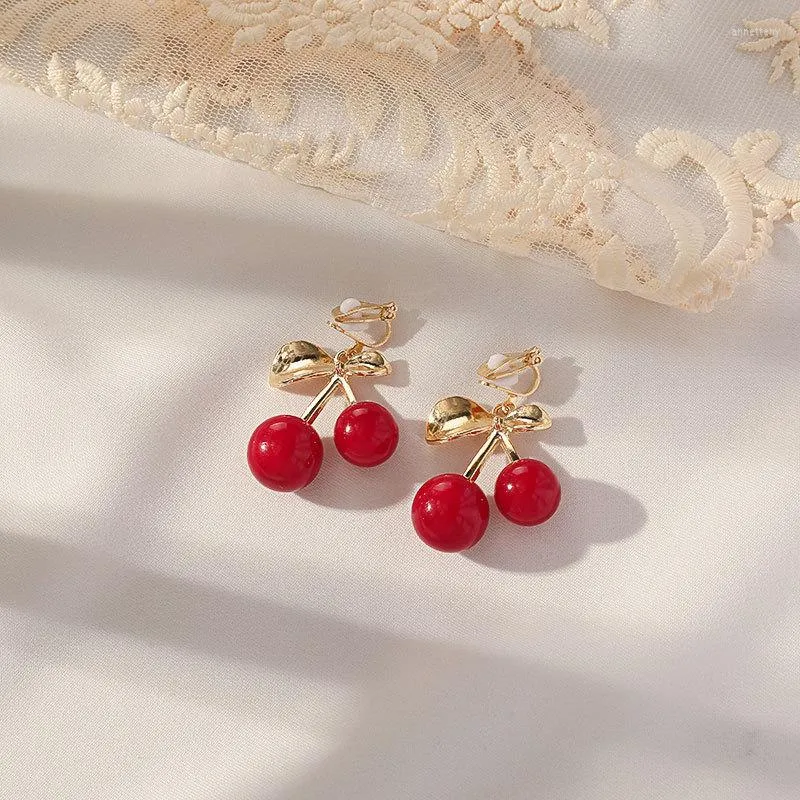 Dos boucles d'oreilles japon et corée du sud doux à la mode jeune fille étudiant fruits cerise oreille Clip frais Simple mignon cadeau