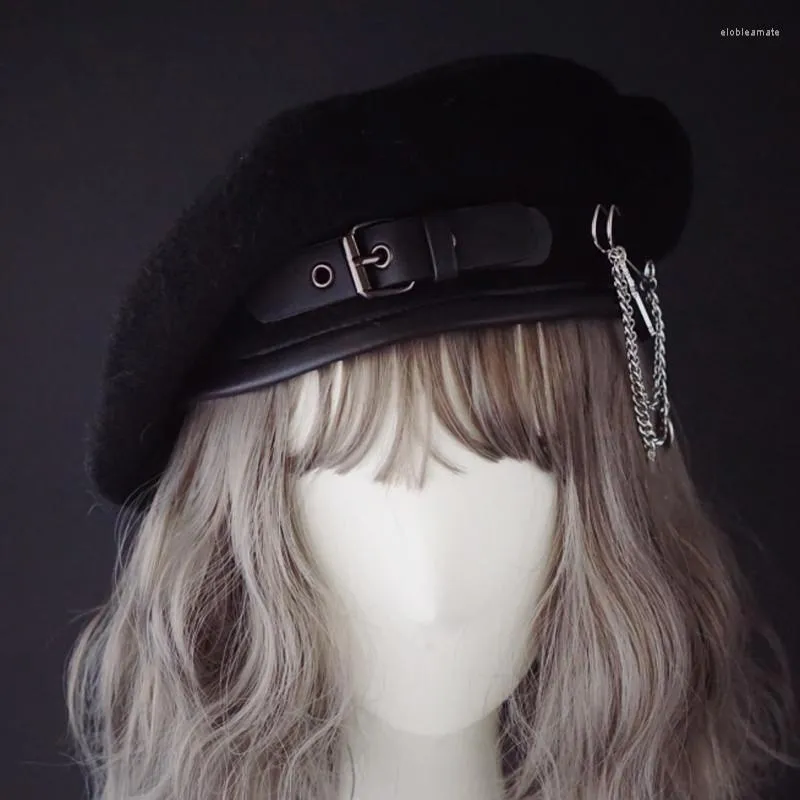 Berets Women Beret Leather Buckle Accessories Gothic Cool Black Sboy Hats Casual Vintage Street Fashion Wear