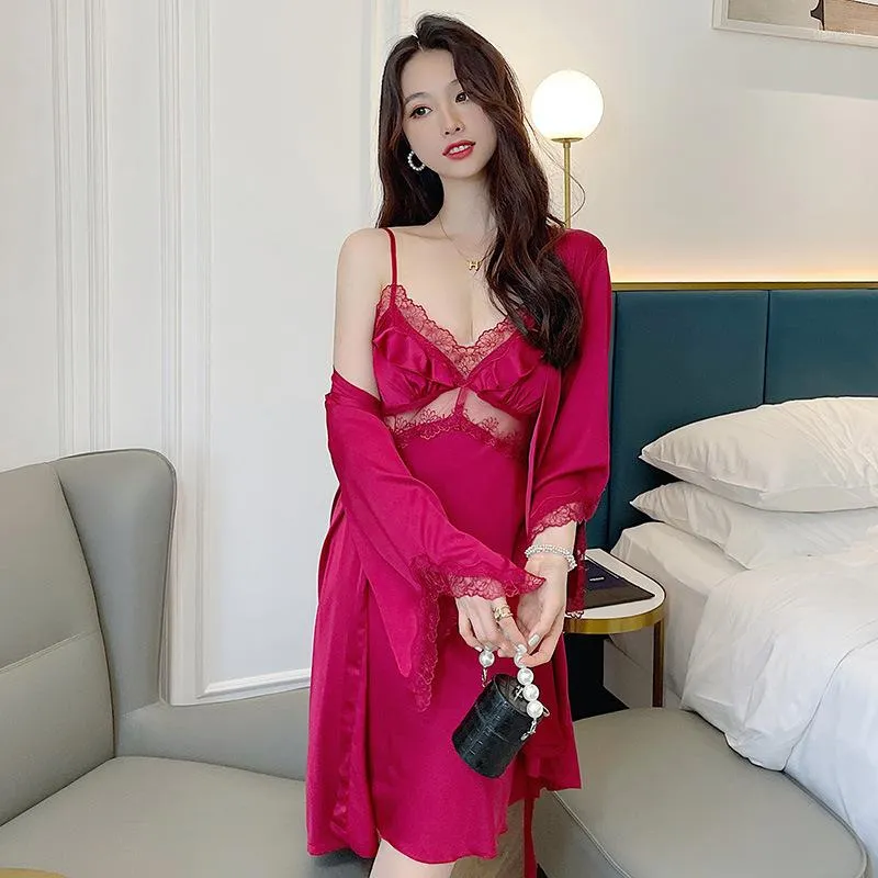 Kobietowa odzież snu Burgundia Sexy Hollow Out Sets Sets 2pcs Nightdress Rayon Kimono Nightgown M-XL Spring Summer Bielizna Ubrania domowe