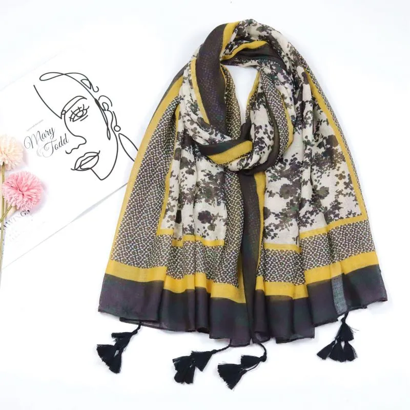 Eşarplar Sonbahar Moda Aztek Retro Patchwork Çiçek Püskül Viskoz Şallı Accan Bayan Baskı Yumuşak Yüksek Kaliteli Hijab ve Müslüman Sjaal