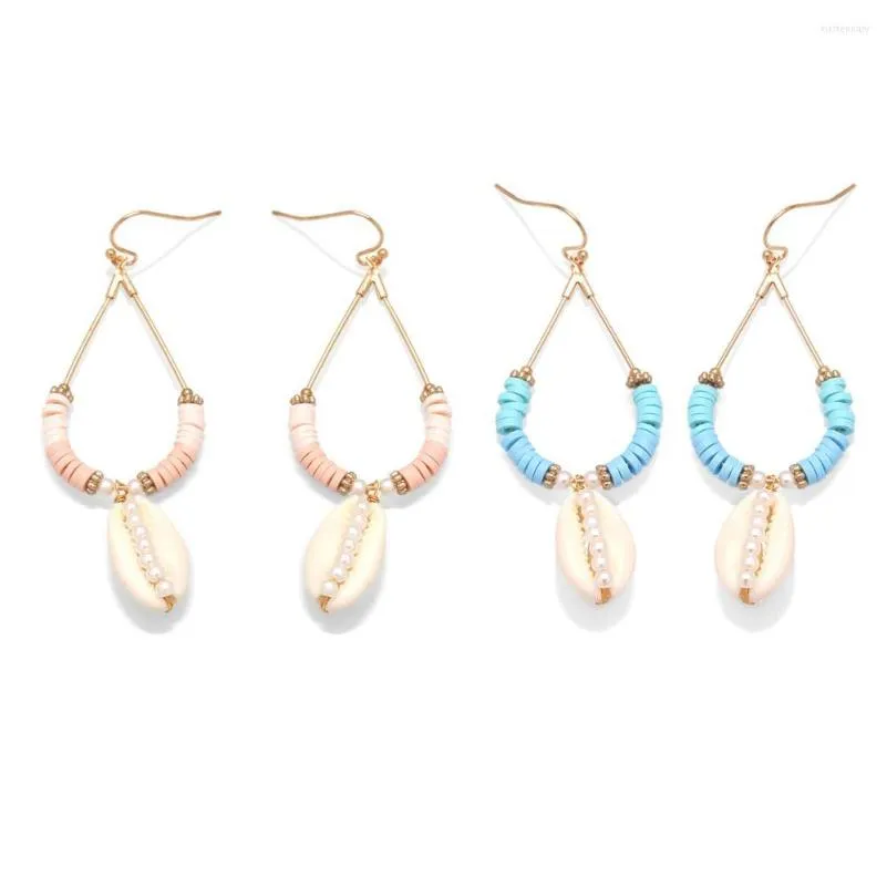 Hoop Earrings Boho Polymer Clay Heishi Beads Cowrie Seashell Hook Women Girl 2023 Fashion Blue Pink Shells Everyday Jewelry Gift