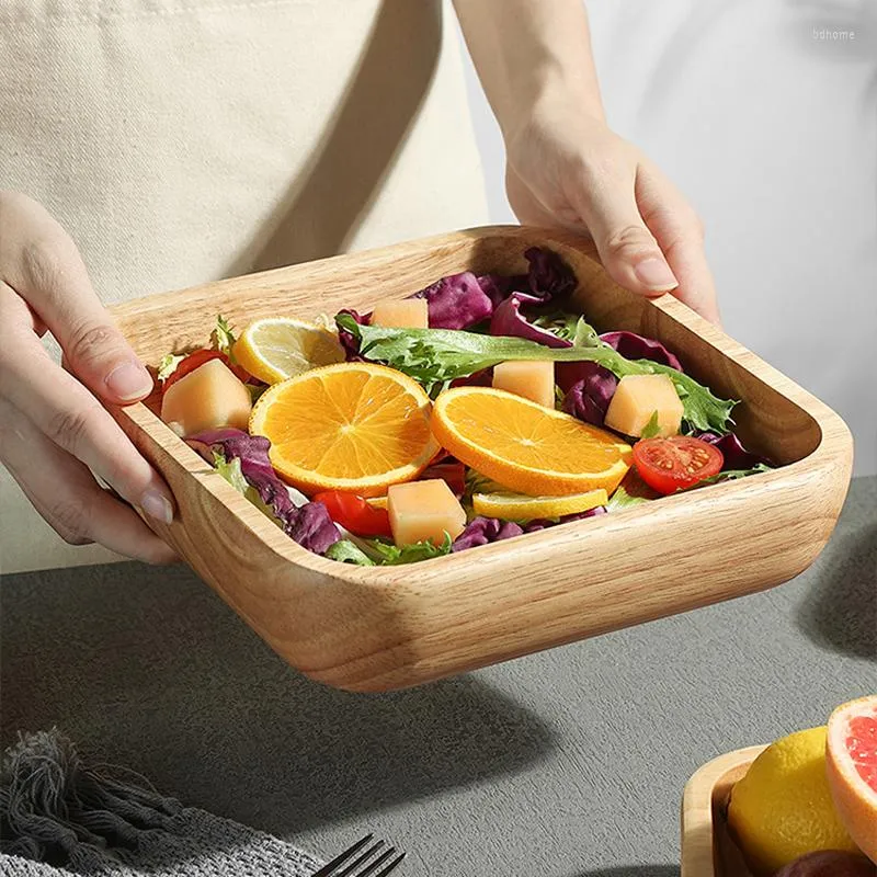 Bowls 1Pc Fruit Salad Bowl Soup Ramen Kitchen Container Square Wooden Dessert Snack Serving Dish Plate Wood Tableware