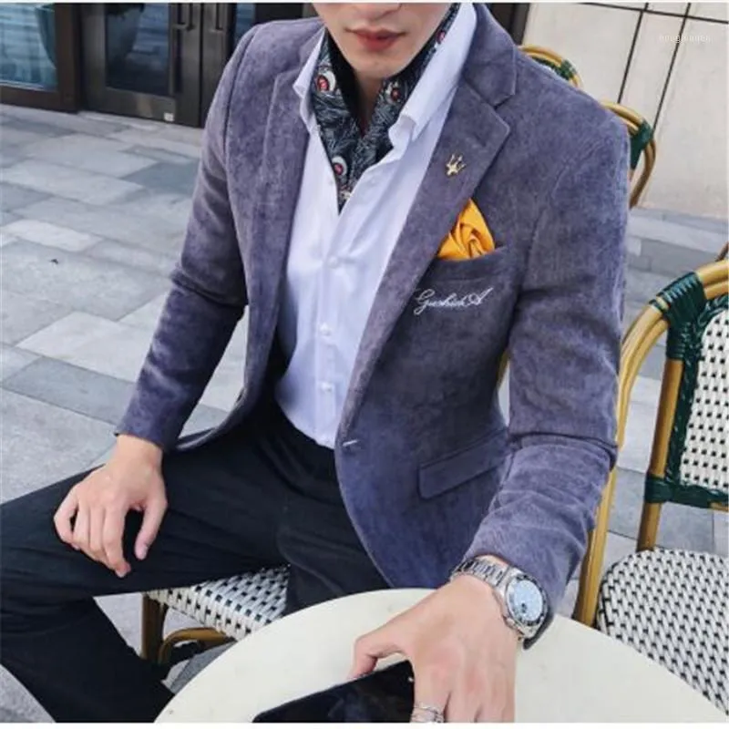 Men's Suits & Blazers Corduroy Blazer Men Slim Fit Green Khaki Grey 2023 Male Suit Jacket Gold Embroidery Terno Masculino Korean