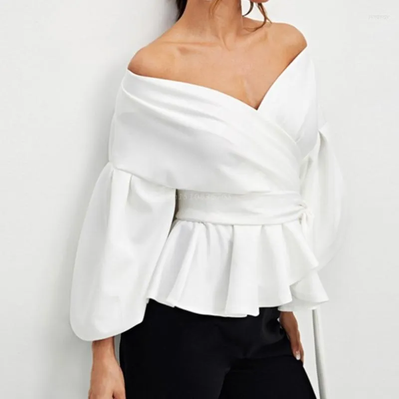 Women's Blouses Women Vintage Lantern Sleeve Shirts Sexy Off Shoulder Wrap V-Neck Solid Color Blouse Tie Waist Bowknot Ruffle Hem Casual