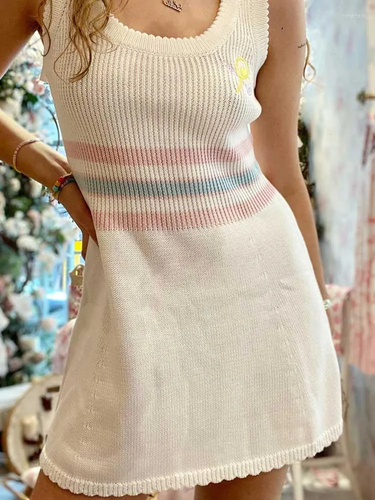 Casual Dresses Boho Inspired Knitted Dress Women Stripe Pattern Cute White Scallop Trim Elegant Ladies Autumn Sexy Female