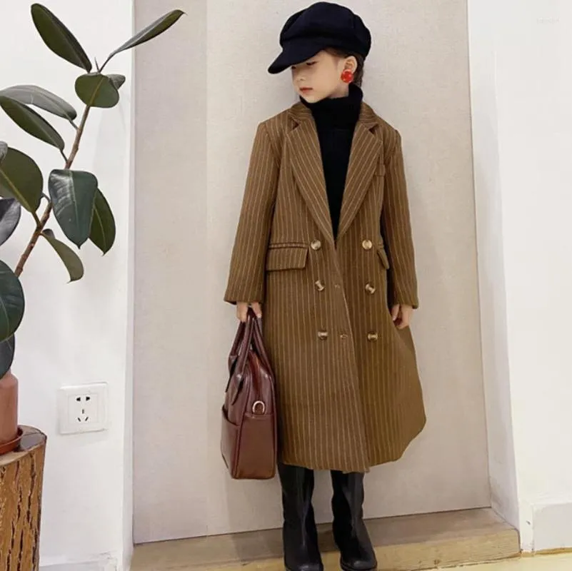 Jackets Teenage Stripe Thicker Wool Long Coat Autumn Winter Fashion Outerwear Baby Girl Loose Elegant Jacket Kids Outfit 3-16Y Wz907