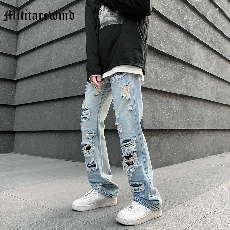 Mäns jeans rippade hiphop high street män byxor manliga kläder bred ben rak vår casual streetwear staplade denim byxor