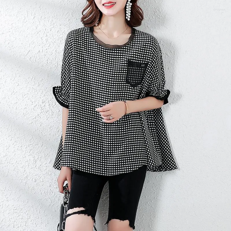 Women's Blouses Vintage losse korte mouw plus size shirt vrouwen casual o-neck zwarte plaid blouse vrouwelijke mode patchwork dames '