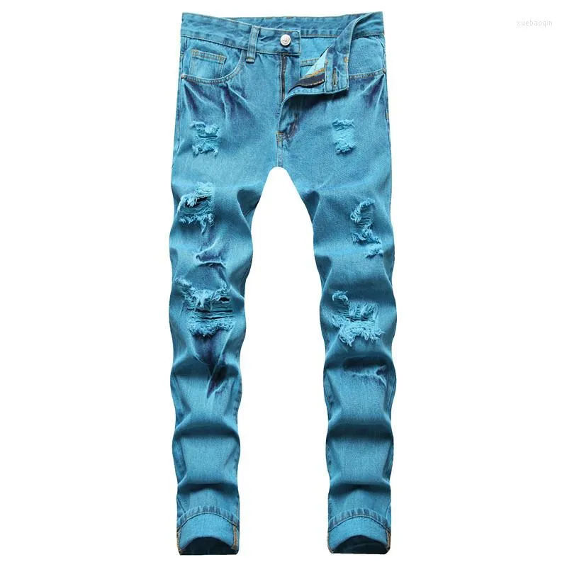 Jeans pour hommes Y2K déchiré Denim trous à la mode en détresse bleu turquoise pantalon droit décontracté mâle grande taille pantalons longs