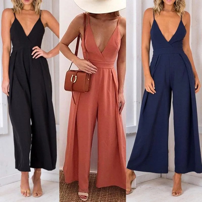 Kobiety Jumpsuits Rompers moda wiosna lato letnie seksowne kobiety spaghetti pasek solidny v szyja luźne skok garnitury bez pleców ubrania damskie