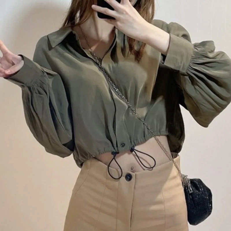 Женские блузкие рубашки сплошной шнурок с укороченной крышкой женской с длинным рукавом оборотная шейка однобортная винтажная блузка кнопка пружины Casu