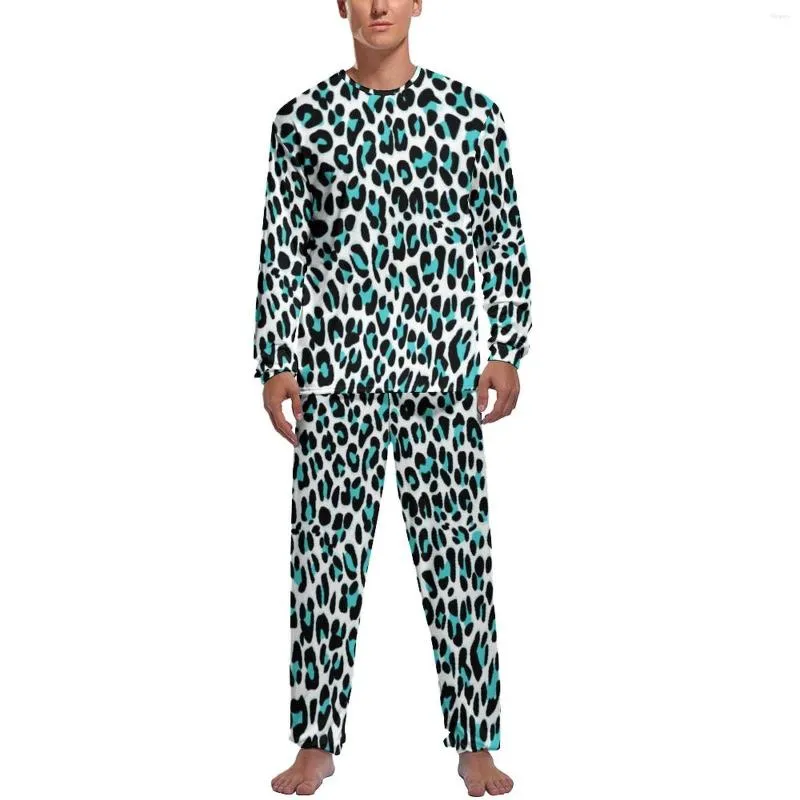 Pijama de leopardo para dormir masculino Pijama de outono azul e preto sono de roupas de noite de duas peças de manga longa de pijama fofos conjuntos de pijama