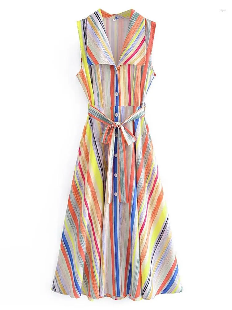 Casual Dresses Merodi Women Fashion Colors Striped Print Turn-Down Big Collar Long Dress With Belt Girl Single Breasted Sleeveless