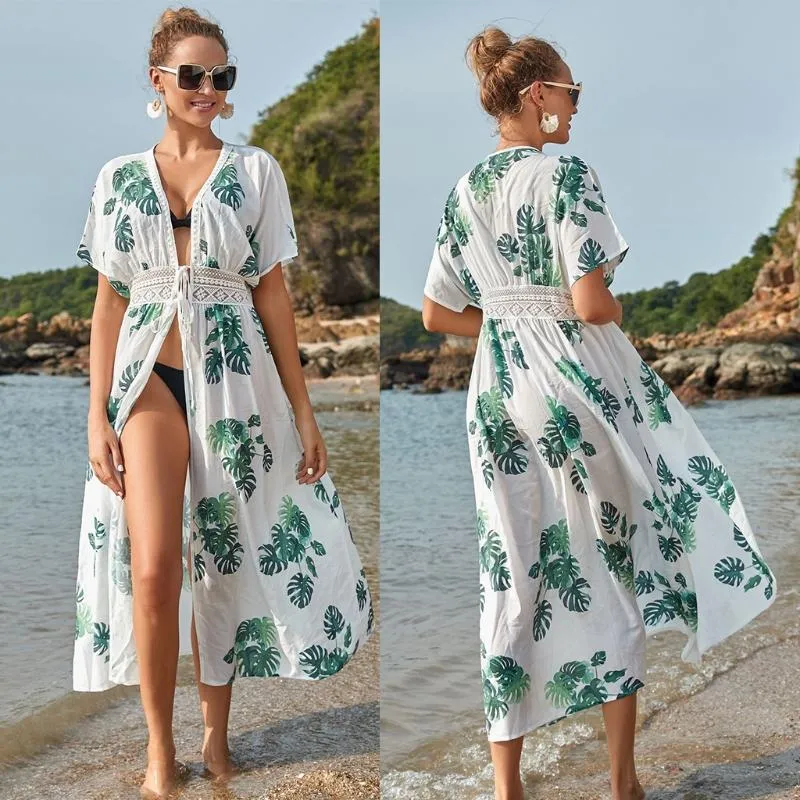 Dames badmode 40GC dames bikini zwempak bedek op boweemse groene palmbladeren print kimono vestiging open voorste stropdas taille strand lange jurk