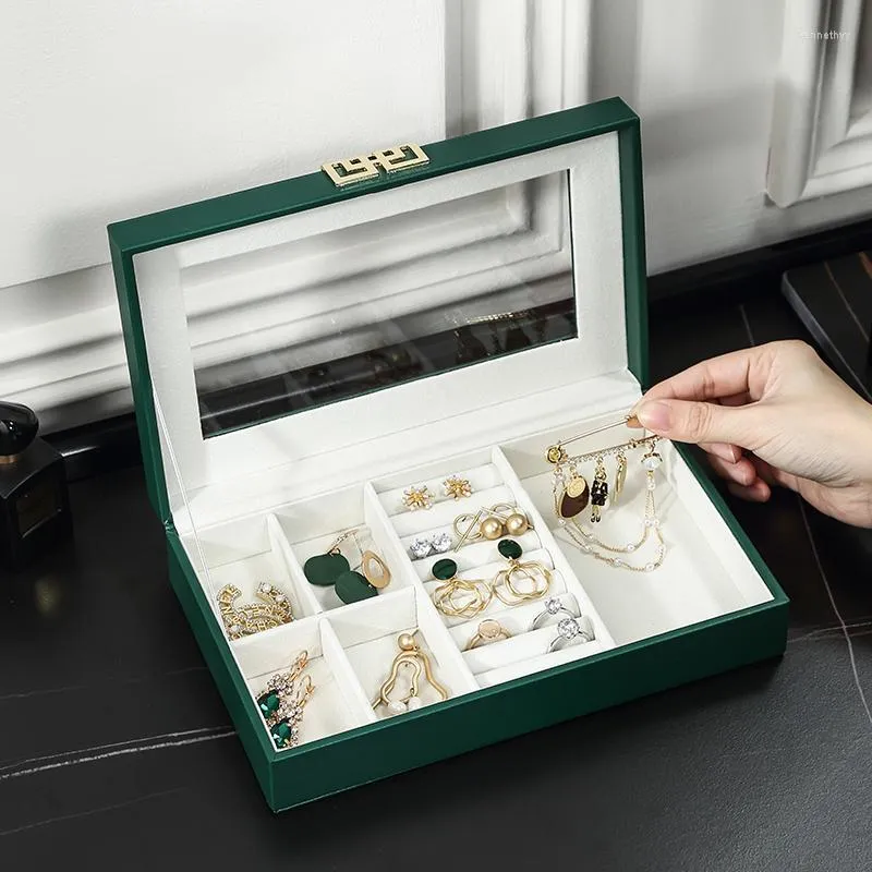 Pochettes à bijoux Casegrace luxe vert PU boîte en cuir organisateur affichage Transparent collier anneaux boucle d'oreille bijoux étui de rangement cercueil