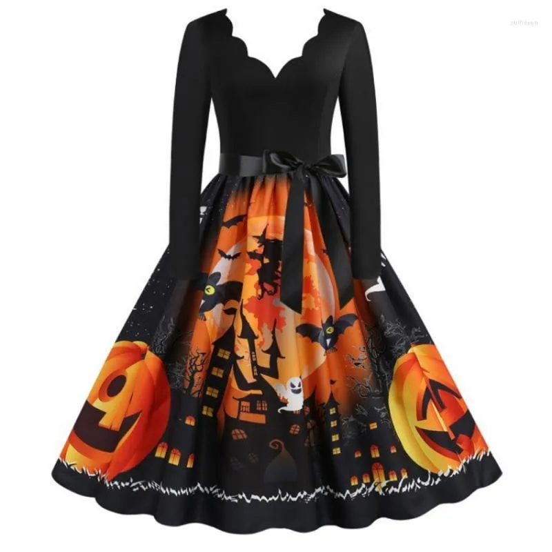 Vêtements ethniques 2023 Halloween Robe Crâne Impression Col En V À Manches Longues Ourlet En Mousseline De Soie Citrouille Fantôme Chauve-Souris Squelette Artisanat Costume