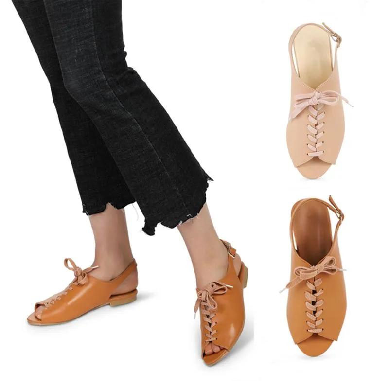 Sandalen 2023 Zomer Women Lace Up Riem Flats Peep Toe Sandles Lady Brown Retro Dress Slingback Mules Office Party Romeinse schoenen