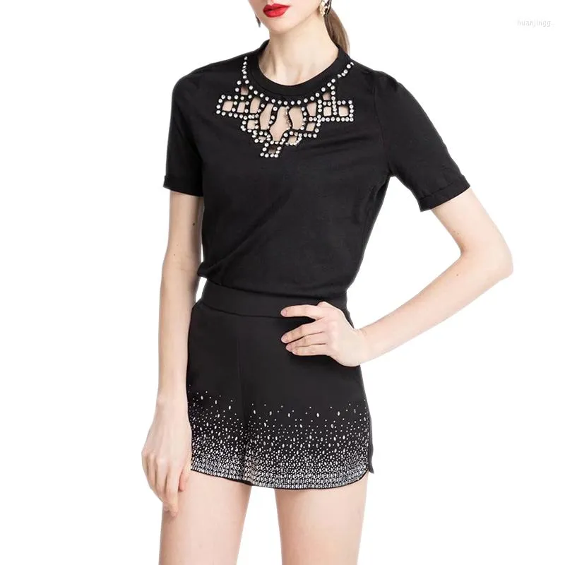 Women's Tracksuits Sexy Black Shorts Two Piece Set Women O-Neck Hollow Out Diamond Short Sleeve T-Shirt Top Suit Female Summer Outfits