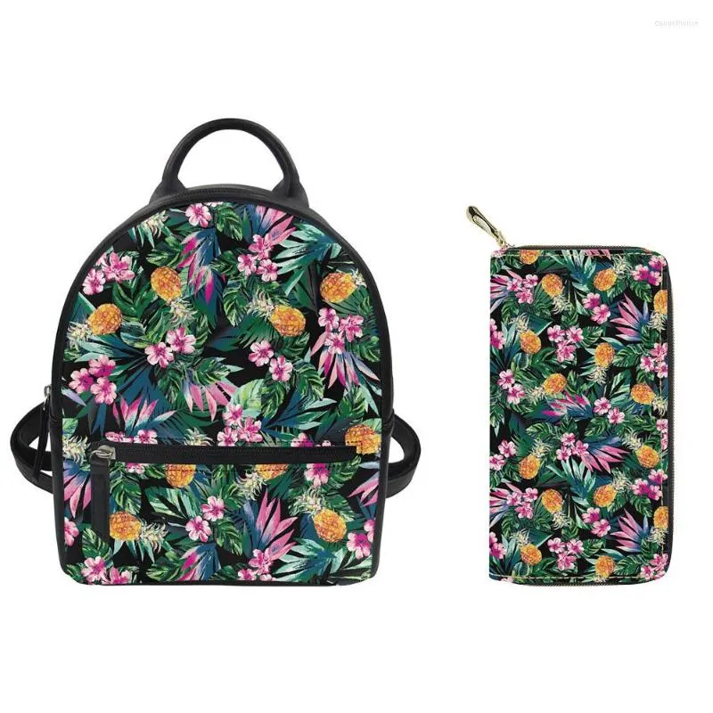 School Bags 2023 Floral Pineapple Women Mini Backpack Leather Shoulder Bag For Teenage Girls Multi-Function Small Bagpack Female Phone Pouch