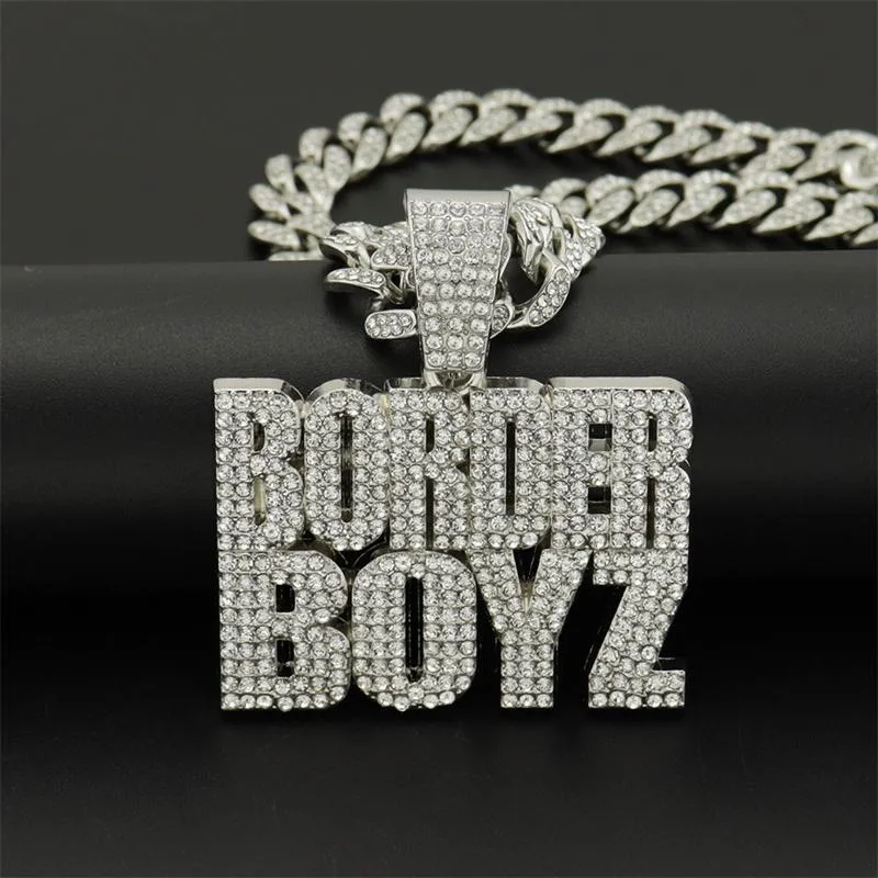 Anhänger Halsketten Hip Hop Kristall BORDERBOYZ Halskette mit Iced Out Bling 13mm Breite Miami Cuban Chain Mode Charm Schmuck Drop ShipPendan