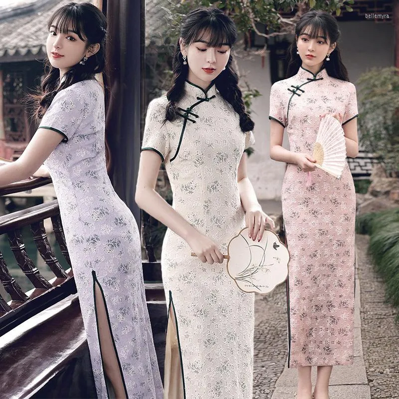 Vêtements ethniques Printemps Élégant Manches courtes Broderie Satin Long Qipao Sexy Col Mandarin Jeune Fille Cheongsam Taille M-3XL