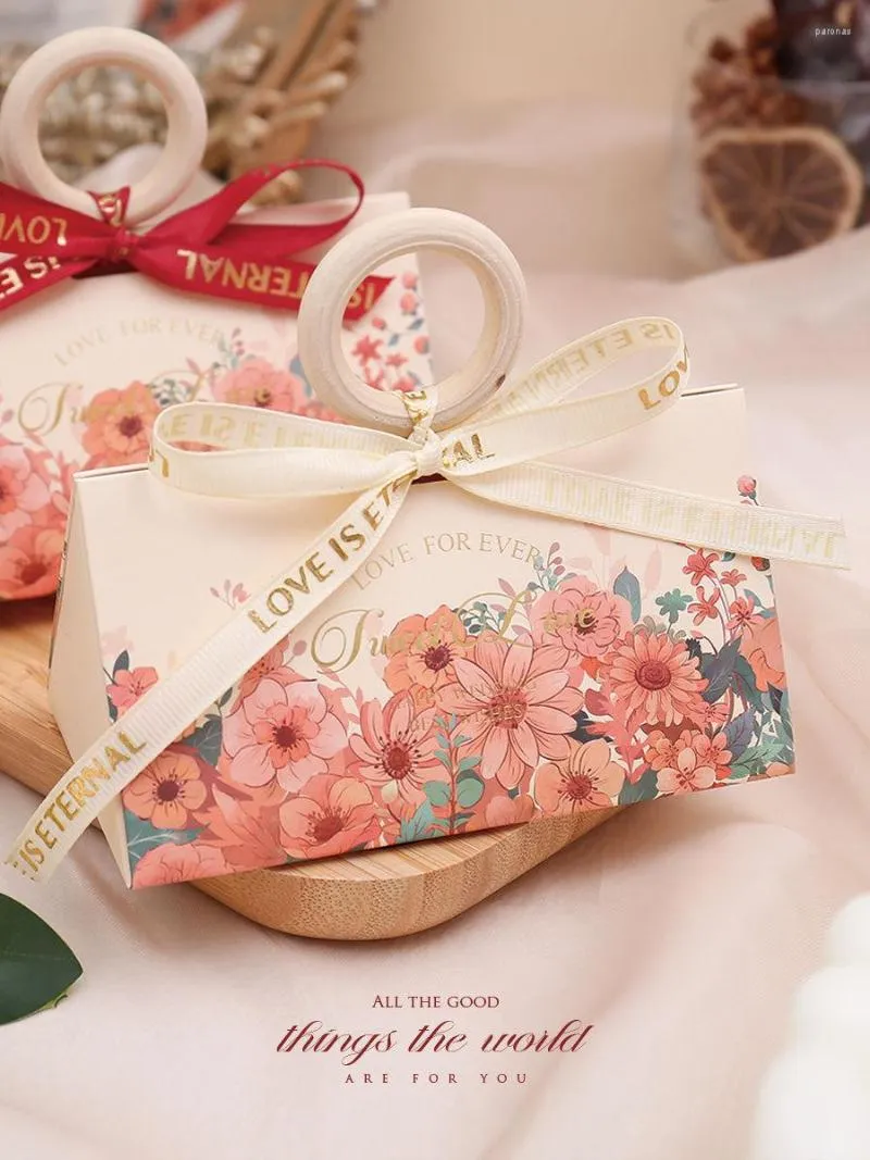 Papel de regalo 10 Uds. Caja de dulces portátil de madera con flores frescas idílicas de estilo europeo con cinta de estampado dorado para paquete de favores de boda
