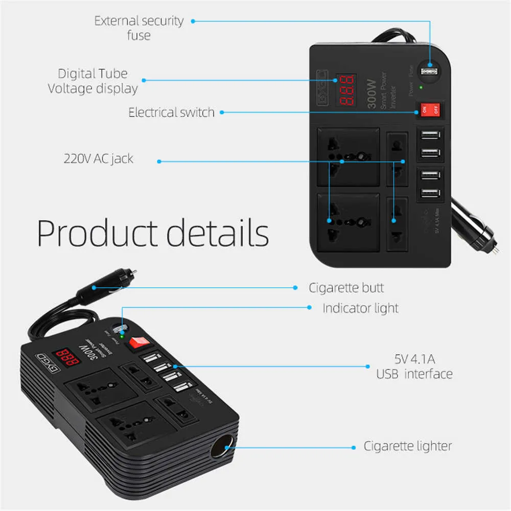 300W 200W Car Inverter DC 12V to AC 220V Converter Outlets 4 USB Fast Charging Universal Socket Power Adapter