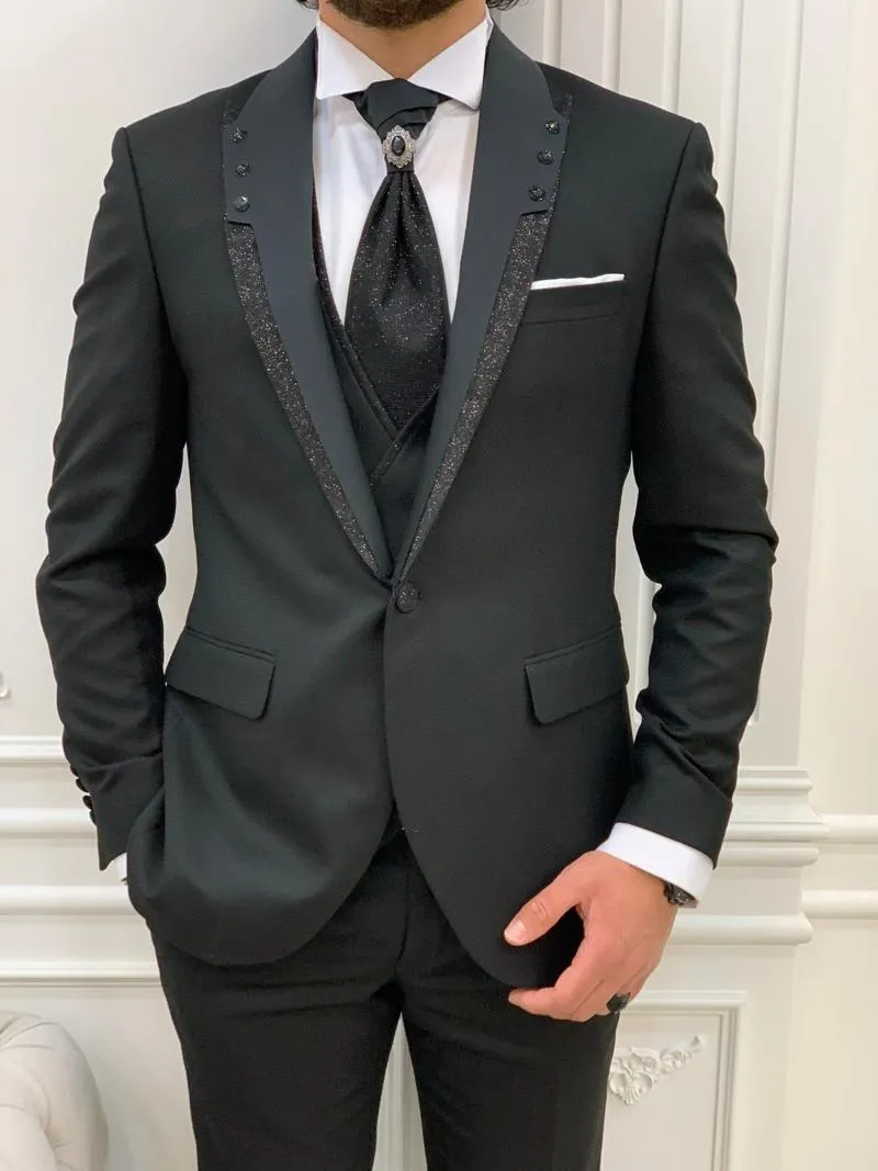 Męskie garnitury Blazers Suit czarny szczupły błyszczące spiczaste lapy ślubne PROM TUXEDO FIT 3 -częściowy pan młody dla mężczyzn niestandardowe blezer setsmen's