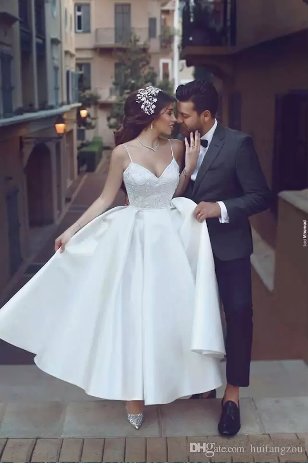 Elegant Lace Applique Tea Length Bridal Dresses with Spaghetti Straps, Backless Design, and Affordable Price
