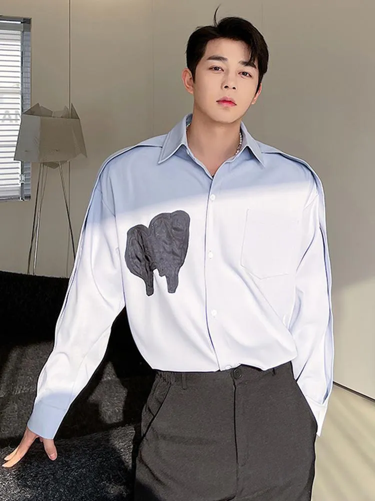 M￤ns avslappnade skjortor koreansk stil patch broderi l￥ng￤rmad skjorta 2023 l￶s lapel enkelbr￶st enkel blus 9a1242men's