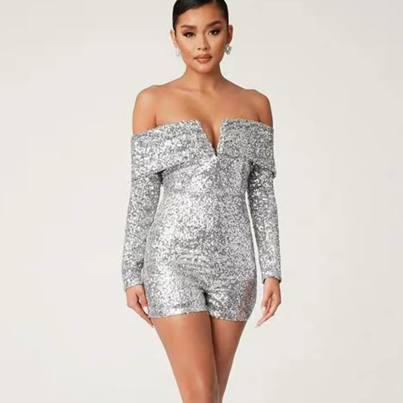 Women's Jumpsuits & Rompers Est Women Palysuit Long Sleeve Slash Neck Line Off The ShoulderSequined V Club Evening Celebrity Luxury PartyWom