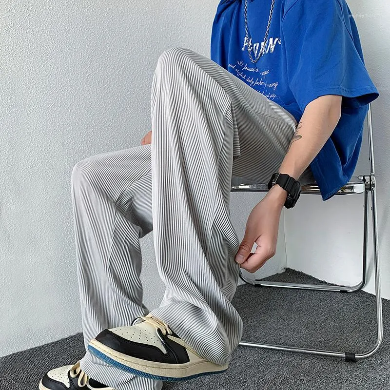 Men's Pants Ice Silk Men Summer Straight Leg Casual Pleated Trousers Fashion Hip Hop Male Harajuku Streetwear Wide Cargo