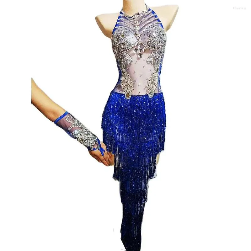 Stage Draag Royal Blue Long Franches Bodysuit Women Rhinestones Mesh Gauze Perspectief Nightclub Dance Show Performance Outfit
