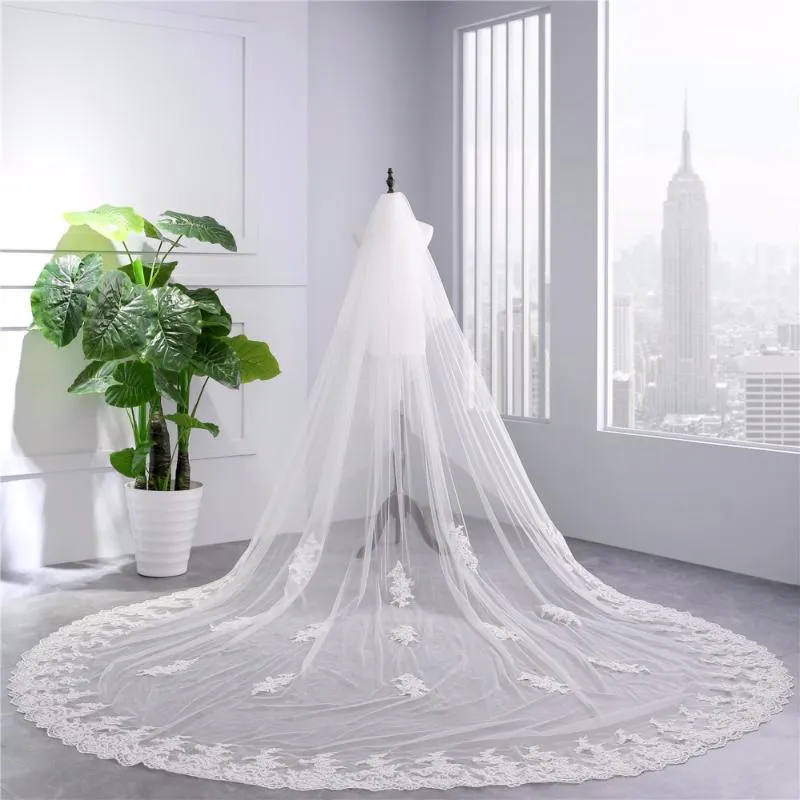 Bridal Veils 2023 Biała kości słoniowej dwie warstwy 350 cm koronkowe katedralne welon z grzebieniem Veu de Noiva Longo com Renda