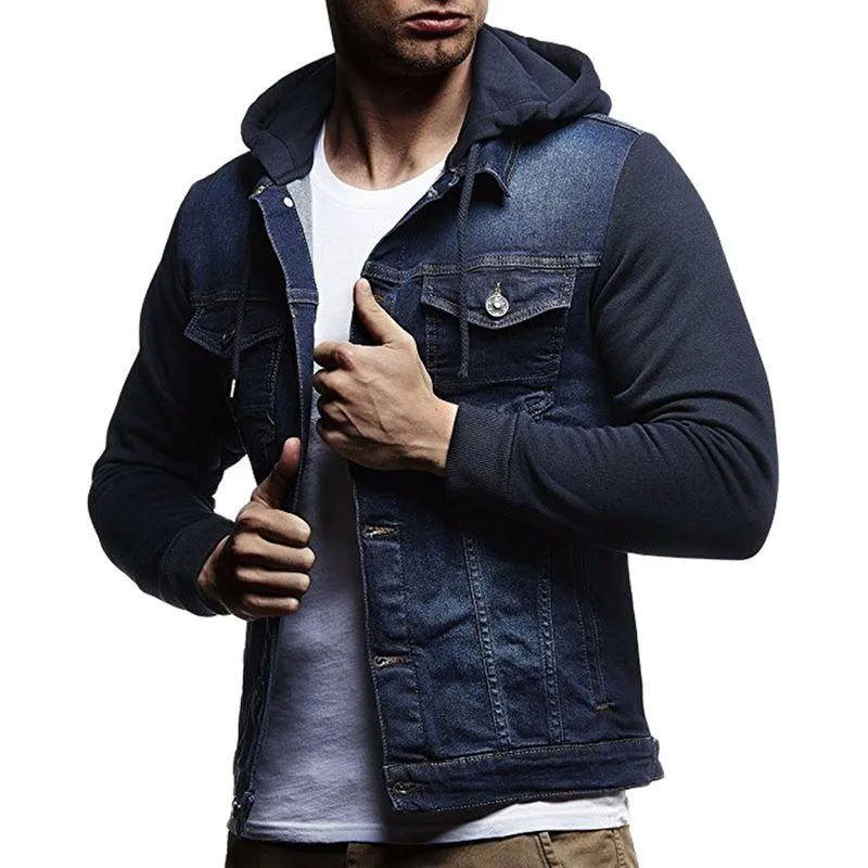 Men's Jackets Autumn Mens Denim Jacket Fashion Knitted Sleeves Stitching Hooded Jeans Coats Casual Men Solid Color Single-breasted Outerwear