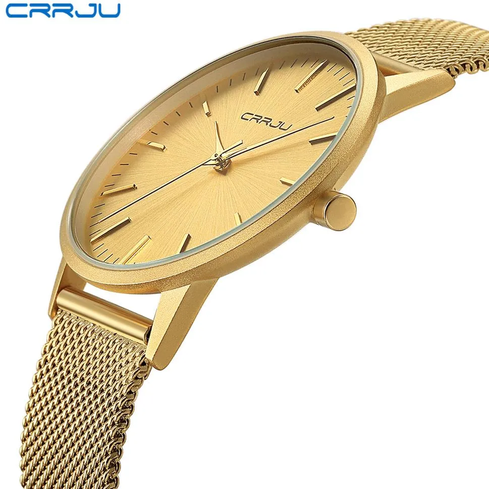 Relogio masculino crrju hommes or watch mâle en acier inoxydable quartz golden slim wrists pour hommes montres décontractées horloge280t
