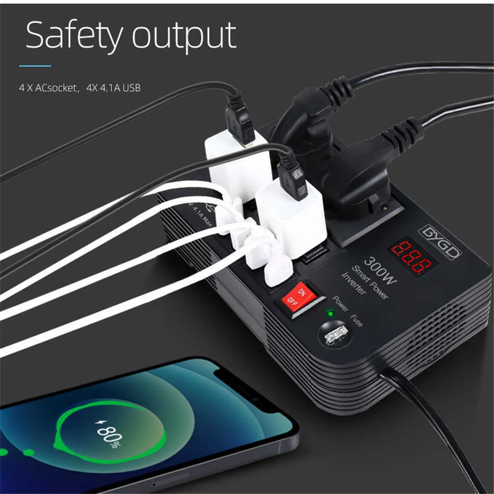 300W 200W Car Inverter DC 12V to AC 220V Converter Outlets 4 USB Fast Charging Universal Socket Power Adapter