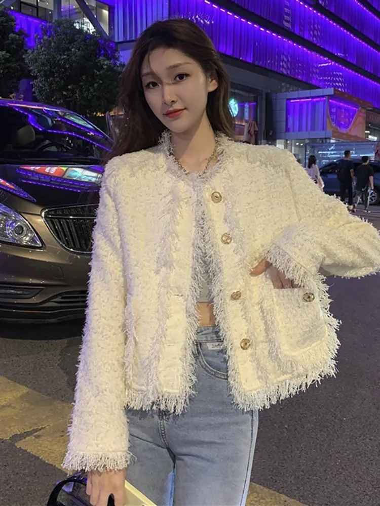 Women's Jackets Retro Tweed Jacket Coat 2023 Autumn Korean Style Fashion White Vintage Single Breasted Woolen Outwear Top E251Wo