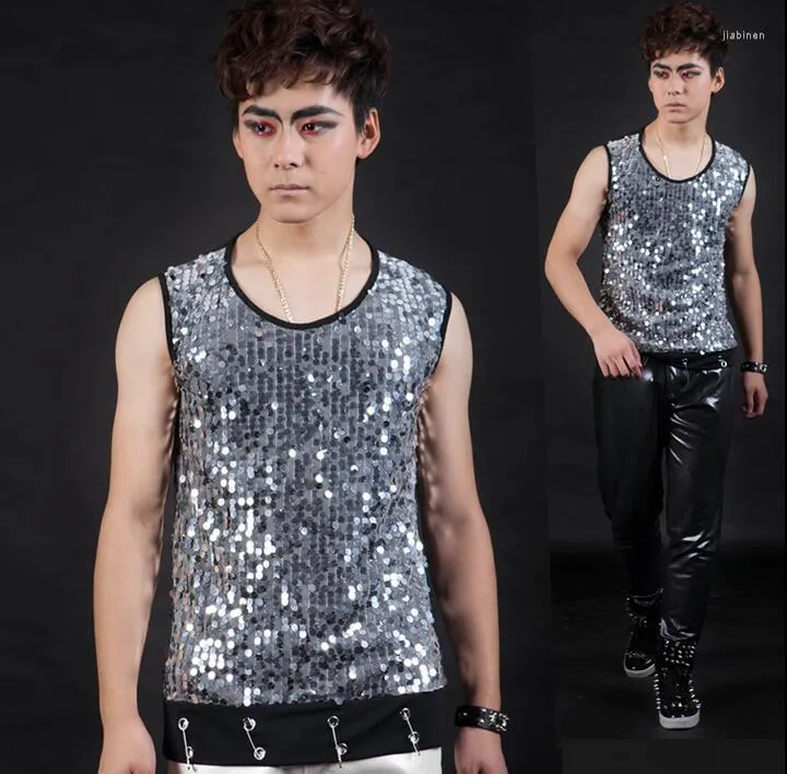 Men's T Shirts Costume Male Silver Paillette Sleeveless Vest Men Slim Basic Mens Sequins Vests Performance Wear Round Collar Fashion Dance