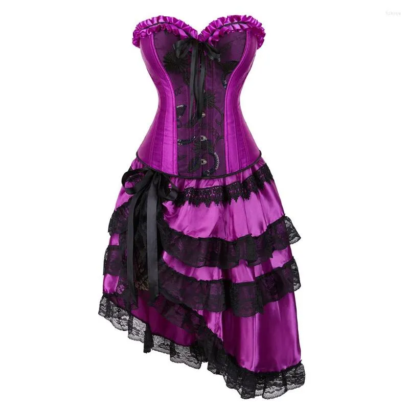 Jupes Overbust Corset Dress Set Taille Bustier Top Avec Couche Jupe Purple Club Costume