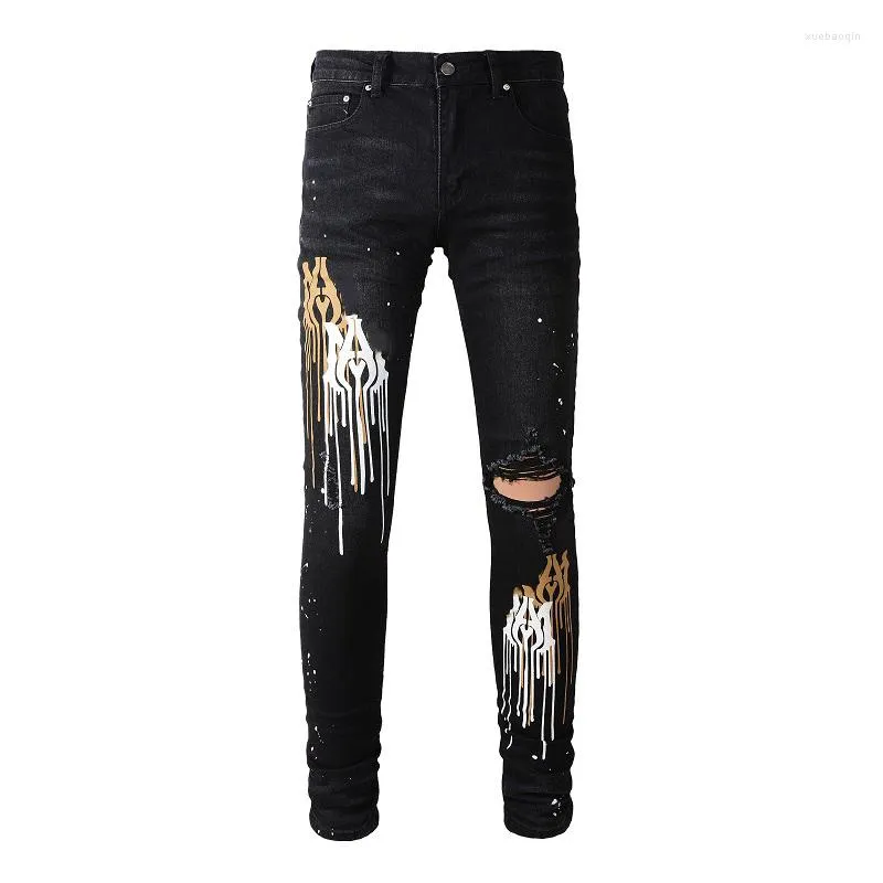 Black noodlijdende streetwear modestijl voor heren heren Slim Letter Painted Gated Gole Skinny Stretch Graffti gescheurd