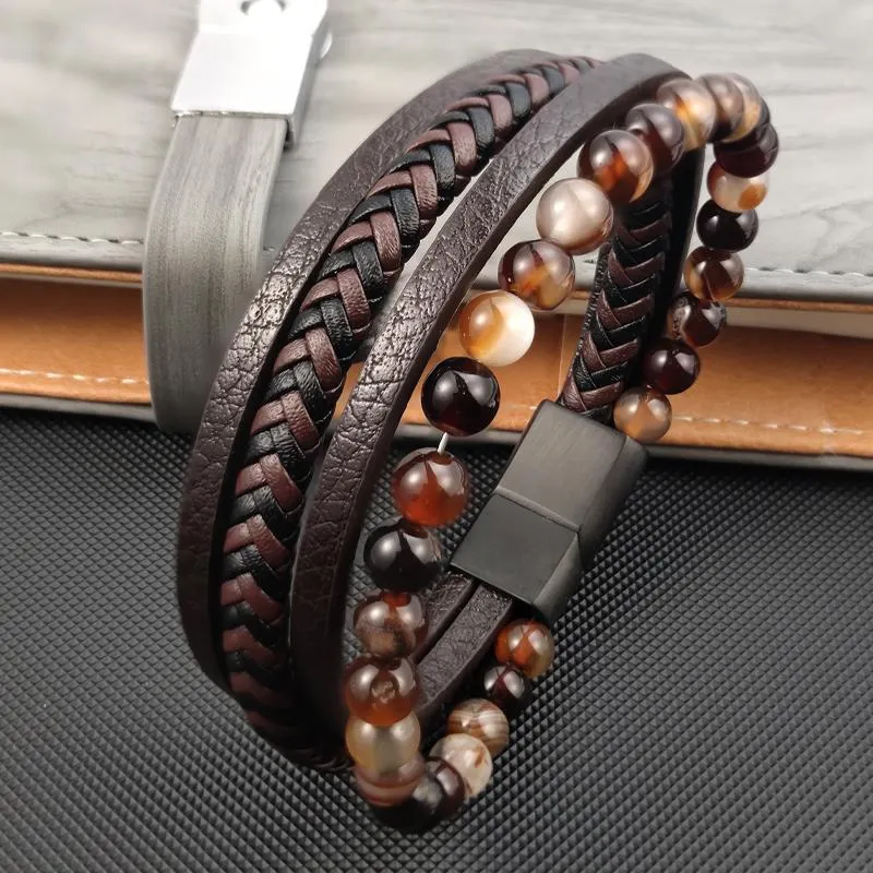 Charm Bracelets Vintage Multilayer Genuine Brown Leather Men Bracelet Agate Stone Bead Stainless Steel Jewelry Male Wrist Bangle GiftCharm